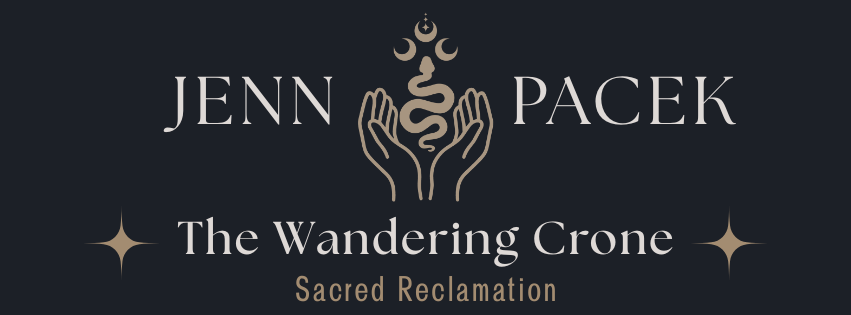 Jenn Pacek — The Wandering Crone — Sacred Reclamation, with her hands, serpent, and triple moon logo